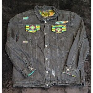 Men's D'iyanu Black Denim Jacket Size  3X Afrocentric-inspired Printed Panels